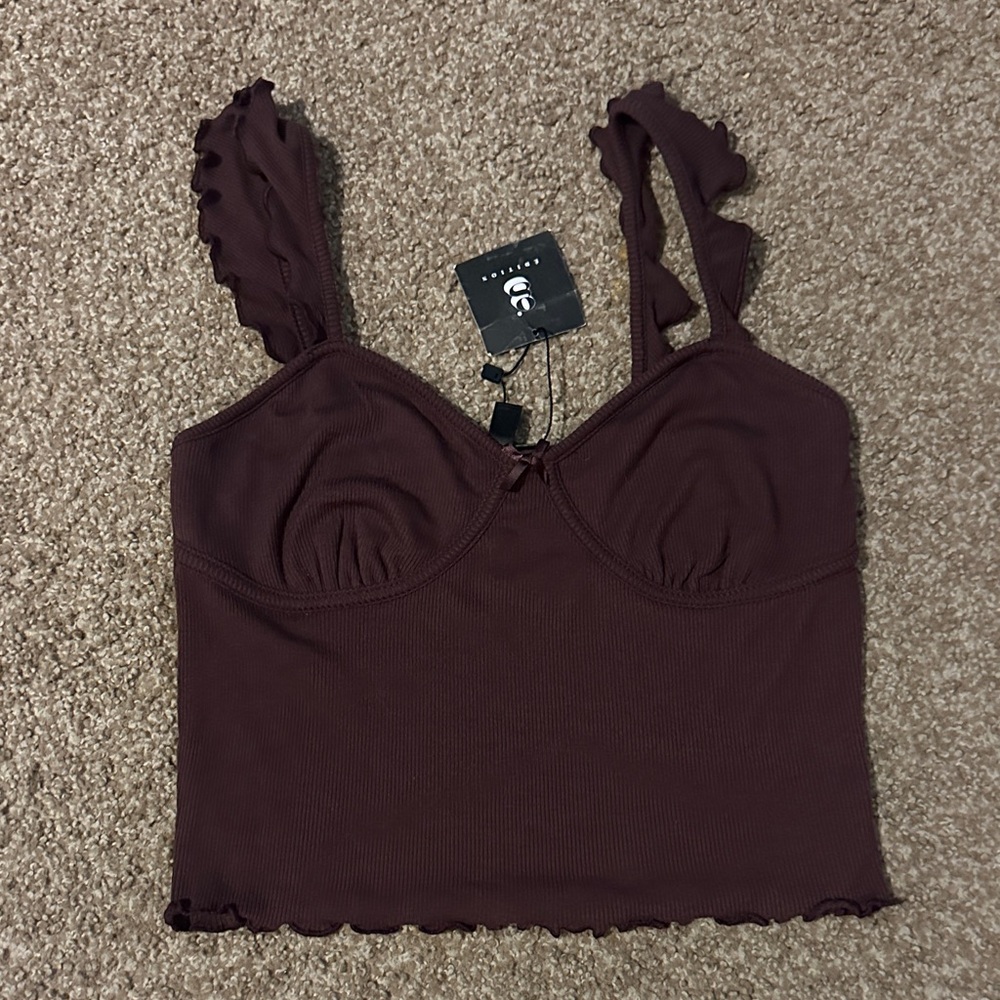 Brown Ruffled Strap Crop Top